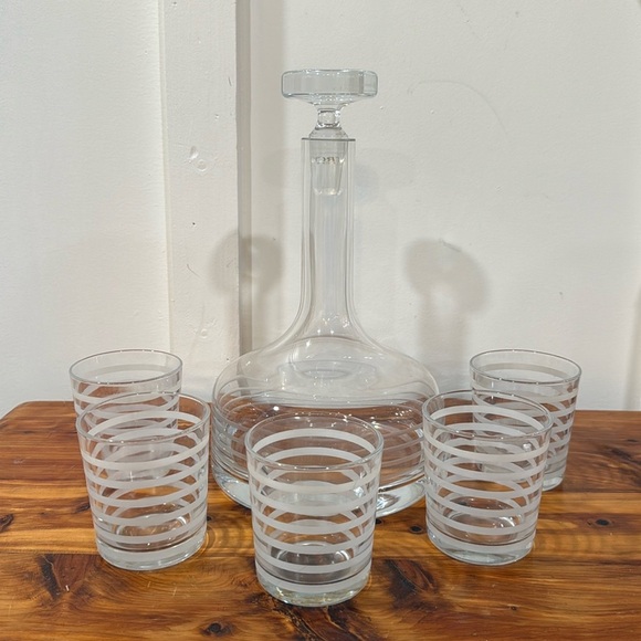 Krosno Poland MCM Crystal Decanter w/ 5 Matching Striped Low Ball Glasses - Picture 1 of 11